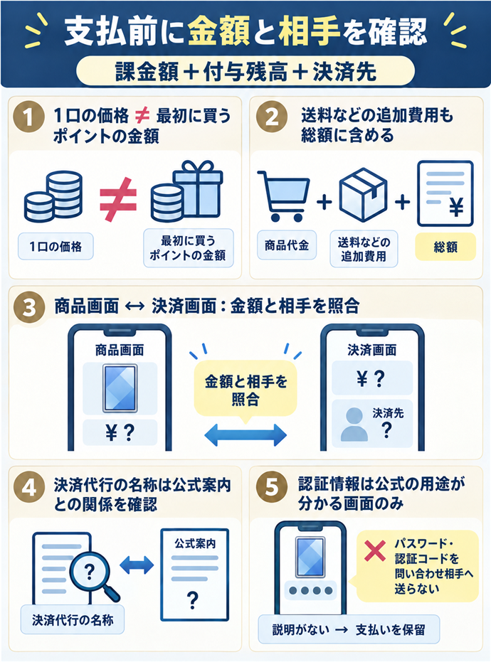 課金額と決済先を支払前に確認する。支払前に金額と相手を確認／課金額＋付与残高＋決済先／１口の価格 ≠ 最初に買うポイントの金額／送料などの追加費用も総額に含める／商品画面 ↔ 決済画面：金額と相手を照合／決済代行の名称は公式案内との関係を確認／説明がない → 支払いを保留／認証情報は公式の用途が分かる画面のみ／パスワード・認証コードを問い合わせ相手へ送らない