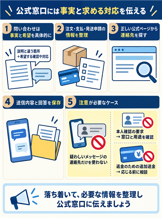 公式窓口には事実と求める対応を伝える。問い合わせは事実と希望を具体的に／注文・支払・発送申請の情報を整理／説明と違う箇所＋希望する確認や対応／正しい公式ページから連絡先を探す／疑わしいメッセージの連絡先だけを使わない／送信内容と回答を保存／本人確認の要求 → 窓口と用途を確認／返金のための追加送金 → 応じる前に相談