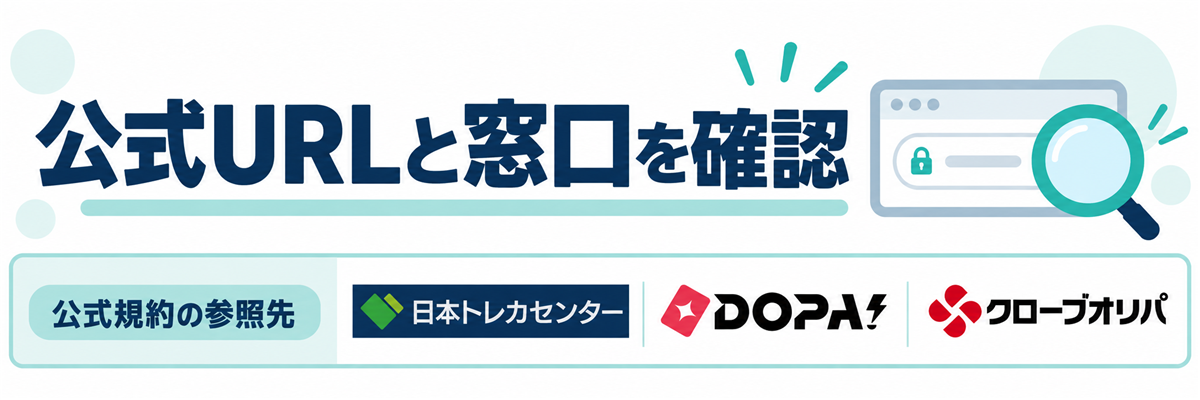 公式URLと窓口を確認。公式規約の参照先として日本トレカセンター・DOPA!・クローブオリパのロゴを掲載