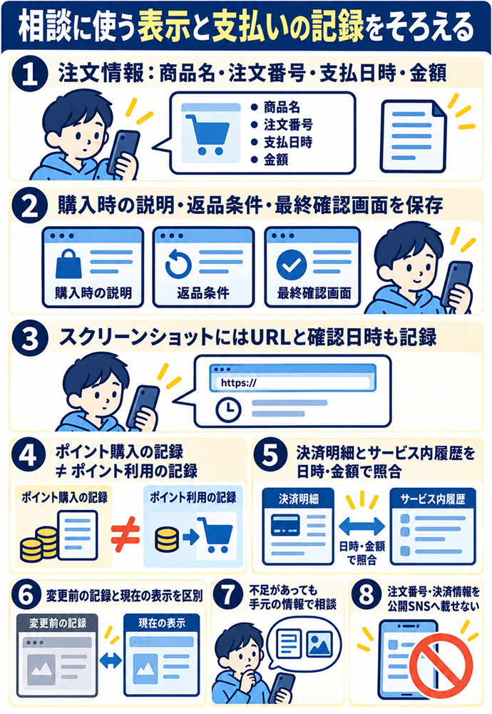 購入時の表示と支払いの記録をそろえる。相談に使う表示と支払いの記録をそろえる/注文情報:商品名・注文番号・支払日時・金額/購入時の説明・返品条件・最終確認画面を保存/スクリーンショットにはURLと確認日時も記録/ポイント購入の記録 ≠ ポイント利用の記録/決済明細とサービス内履歴を日時・金額で照合/変更前の記録と現在の表示を区別/不足があっても手元の情報で相談/注文番号・決済情報を公開SNSへ載せない