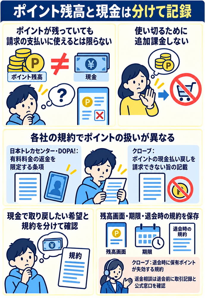ポイント残高を現金や返金額として数えない。ポイント残高と現金は分けて記録／ポイントが残っていても請求の支払いに使えるとは限らない／使い切るために追加課金しない／日本トレカセンター・DOPA!：有料料金の返金を限定する条項／クローブ：ポイントの現金払い戻しを請求できない旨の記載／現金で取り戻したい希望と規約を分けて確認／残高画面・期限・退会時の規約を保存／クローブ：退会時に保有ポイントが失効する規約／返金相談は退会前に取引記録と公式窓口を確認