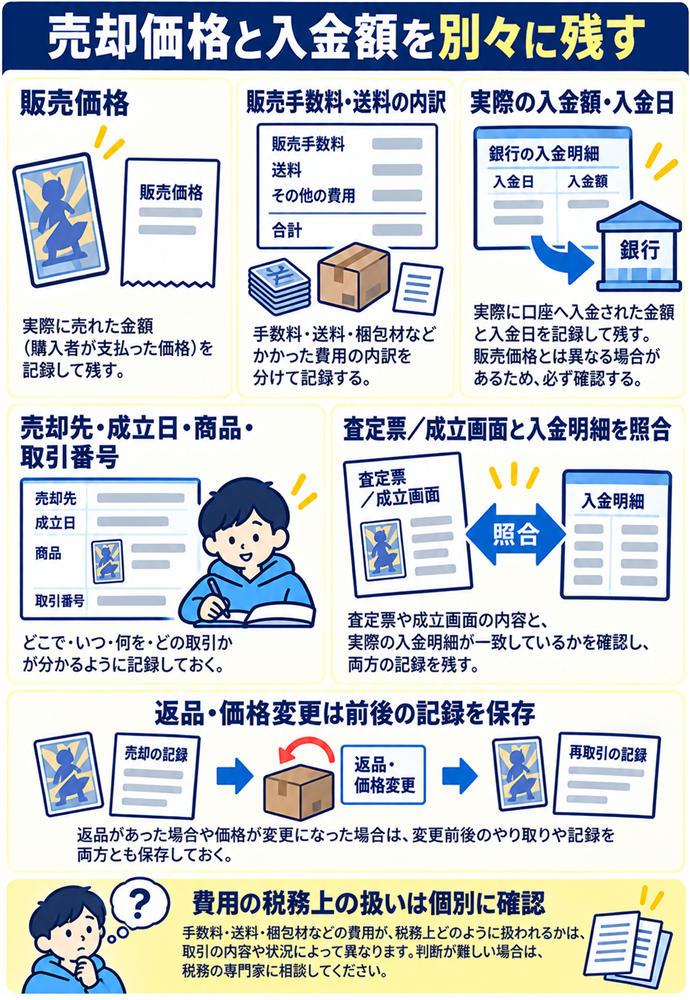 販売価格・手数料・送料・入金額を分けて残す。売却価格と入金額を別々に残す/販売価格/販売手数料・送料の内訳/実際の入金額・入金日/売却先・成立日・商品・取引番号/査定票/成立画面と入金明細を照合/返品・価格変更は前後の記録を保存/費用の税務上の扱いは個別に確認