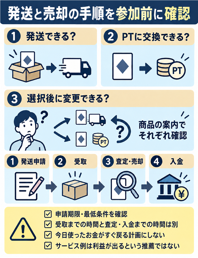 発送と売却の手順を参加前に確認。発送と売却の手順を参加前に確認／発送できる？／PTに交換できる？／選択後に変更できる？／商品の案内でそれぞれ確認／発送申請 → 受取 → 査定・売却 → 入金／申請期限・最低条件を確認／受取までの時間と査定・入金までの時間は別／今日使ったお金がすぐ戻る計画にしない／サービス例は利益が出るという推薦ではない。現行N022本文の仕組みを図解。