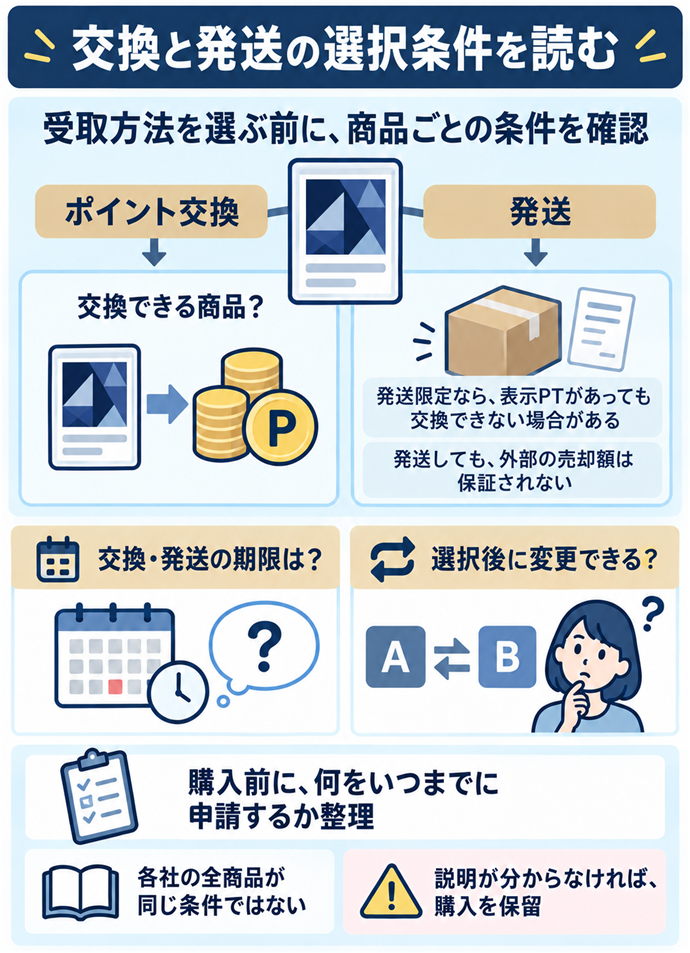交換と発送の選択条件を読む。受取方法を選ぶ前に、商品ごとの条件を確認／ポイント交換／交換できる商品？／発送／発送限定なら、表示PTがあっても交換できない場合がある／発送しても、外部の売却額は保証されない／交換・発送の期限は？／選択後に変更できる？／購入前に、何をいつまでに申請するか整理／各社の全商品が同じ条件ではない／説明が分からなければ、購入を保留。現行N025本文の仕組みを図解。