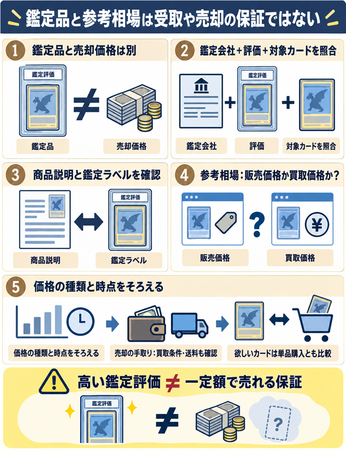鑑定品と参考相場は受取や売却の保証ではない。鑑定品と売却価格は別／鑑定会社＋評価＋対象カードを照合／商品説明と鑑定ラベルを確認／参考相場：販売価格か買取価格か？／価格の種類と時点をそろえる／売却の手取り：買取条件・送料も確認／高い鑑定評価 ≠ 一定額で売れる保証／欲しいカードは単品購入とも比較
