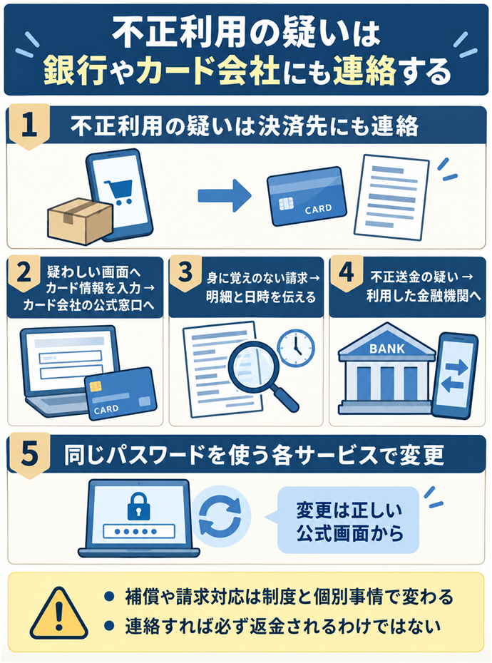 不正利用の疑いは銀行やカード会社にも連絡する。不正利用の疑いは決済先にも連絡／疑わしい画面へカード情報を入力 → カード会社の公式窓口へ／身に覚えのない請求 → 明細と日時を伝える／不正送金の疑い → 利用した金融機関へ／同じパスワードを使う各サービスで変更／変更は正しい公式画面から／補償や請求対応は制度と個別事情で変わる／連絡すれば必ず返金されるわけではない