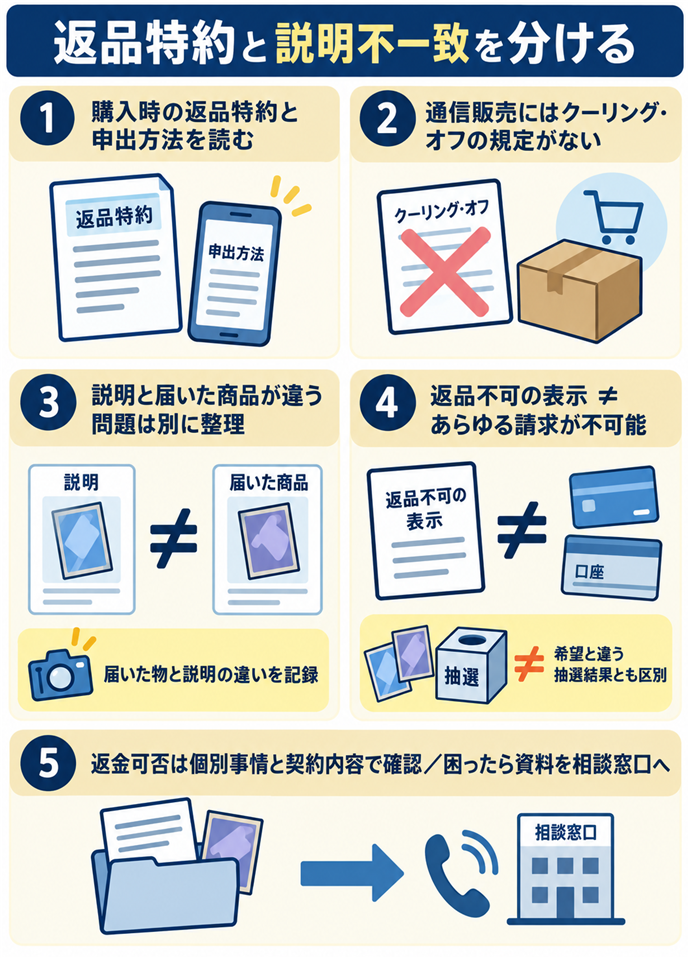 返品特約と説明不一致を分けて相談する。返品特約と説明不一致を分ける/購入時の返品特約と申出方法を読む/通信販売にはクーリング・オフの規定がない/説明と届いた商品が違う問題は別に整理/返品不可の表示 ≠ あらゆる請求が不可能/届いた物と説明の違いを記録/希望と違う抽選結果とも区別/返金可否は個別事情と契約内容で確認/困ったら資料を相談窓口へ