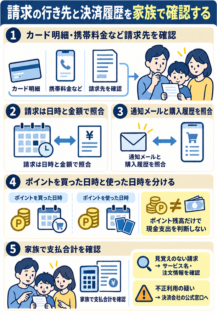 請求の行き先と決済履歴を家族で確認する。請求は日時と金額で照合/カード明細・携帯料金など請求先を確認/通知メールと購入履歴を照合/ポイントを買った日時と使った日時を分ける/家族で支払合計を確認/ポイント残高だけで現金支出を判断しない/見覚えのない請求 → サービス名・注文情報を確認/不正利用の疑い → 決済会社の公式窓口へ