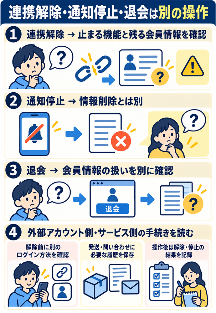 連携解除と通知停止と退会を分けて扱う。連携解除・通知停止・退会は別の操作/連携解除 → 止まる機能と残る会員情報を確認/通知停止 → 情報削除とは別/退会 → 会員情報の扱いを別に確認/外部アカウント側・サービス側の手続きを読む/解除前に別のログイン方法を確認/発送・問い合わせに必要な履歴を保存/操作後は解除・停止の結果を記録