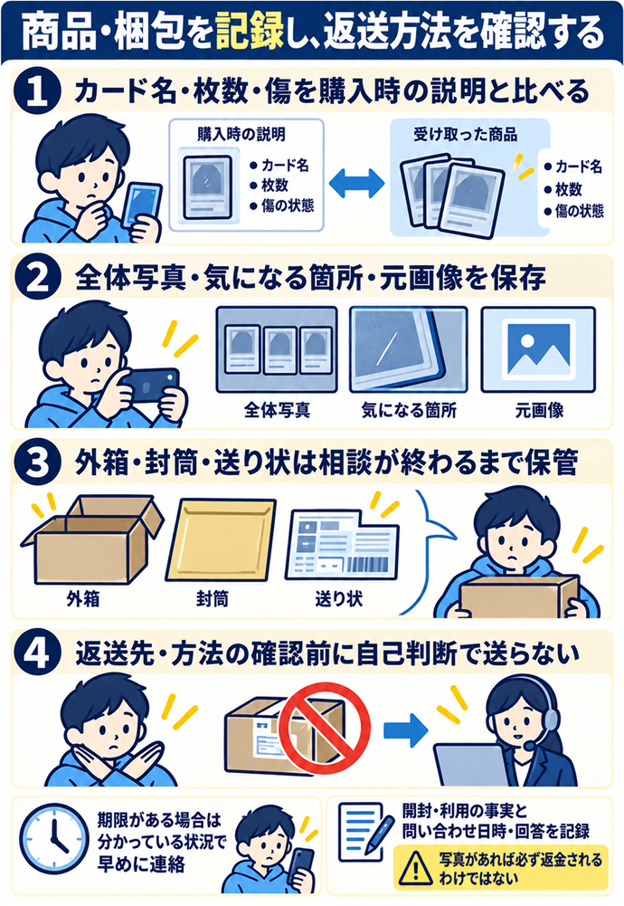 受取状態を残し返品方法が分かるまで保管する。商品・梱包を記録し、返送方法を確認する/カード名・枚数・傷を購入時の説明と比べる/全体写真・気になる箇所・元画像を保存/外箱・封筒・送り状は相談が終わるまで保管/返送先・方法の確認前に自己判断で送らない/期限がある場合は分かっている状況で早めに連絡/開封・利用の事実と問い合わせ日時・回答を記録/写真があれば必ず返金されるわけではない