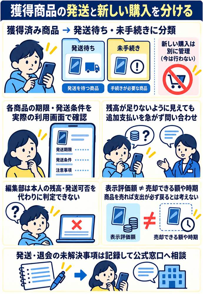 獲得商品と発送の手続きを追加購入と切り離す。獲得商品の発送と新しい購入を分ける／獲得済み商品 → 発送待ち・未手続きに分類／各商品の期限・発送条件を実際の利用画面で確認／残高が足りないように見えても追加支払いを急がず問い合わせ／編集部は本人の残高・発送可否を代わりに判定できない／表示評価額 ≠ 売却できる額や時期／商品を売れば支出が必ず戻るとは考えない／発送・退会の未解決事項は記録して公式窓口へ相談