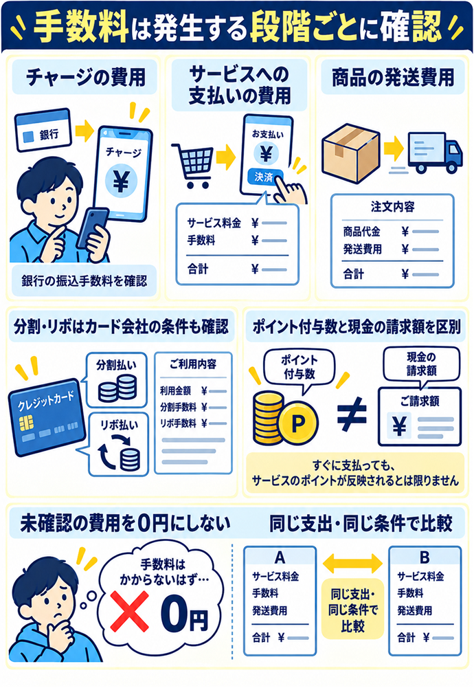 チャージ・決済・発送の手数料を同じ欄へ混ぜない。手数料は発生する段階ごとに確認／チャージの費用／サービスへの支払いの費用／商品の発送費用／銀行の振込手数料を確認／分割・リボはカード会社の条件も確認／ポイント付与数と現金の請求額を区別／未確認の費用を０円にしない／同じ支出・同じ条件で比較