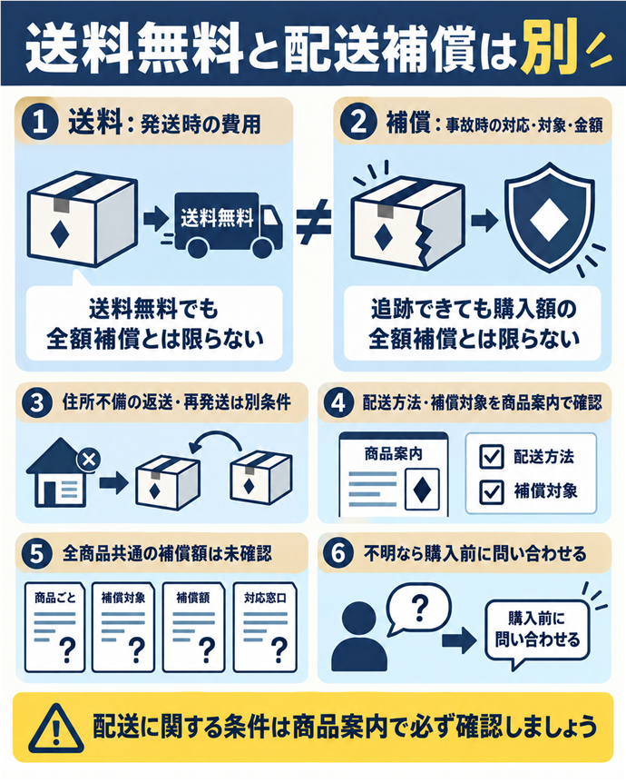 送料無料と配送補償は別。送料無料と配送補償は別／送料：発送時の費用／補償：事故時の対応・対象・金額／送料無料でも全額補償とは限らない／住所不備の返送・再発送は別条件／配送方法・補償対象を商品案内で確認／全商品共通の補償額は未確認／追跡できても購入額の全額補償とは限らない／不明なら購入前に問い合わせる。現行N021本文の仕組みを図解。