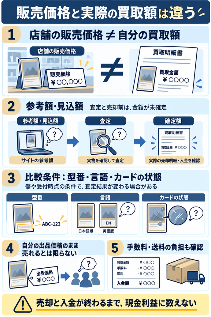 販売価格と実際の買取額は違う。店舗の販売価格 ≠ 自分の買取額／参考額・見込額／査定と売却前は、金額が未確定／確定額／実際の売却明細・入金を確認／比較条件：型番・言語・カードの状態／傷や受付時点の条件で、査定結果が変わる場合がある／自分の出品価格のまま売れるとは限らない／手数料・送料の負担も確認／売却と入金が終わるまで、現金利益に数えない。現行N025本文の仕組みを図解。