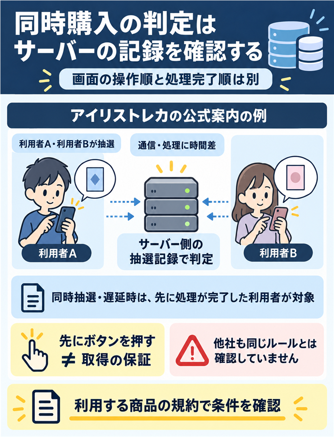 同時購入の判定はサーバーの記録を確認する。画面の操作順と処理完了順は別／アイリストレカの公式案内の例／利用者A・利用者Bが抽選／通信・処理に時間差／サーバー側の抽選記録で判定／同時抽選・遅延時は、先に処理が完了した利用者が対象／先にボタンを押す ≠ 取得の保証／他社も同じルールとは確認していません／利用する商品の規約で条件を確認