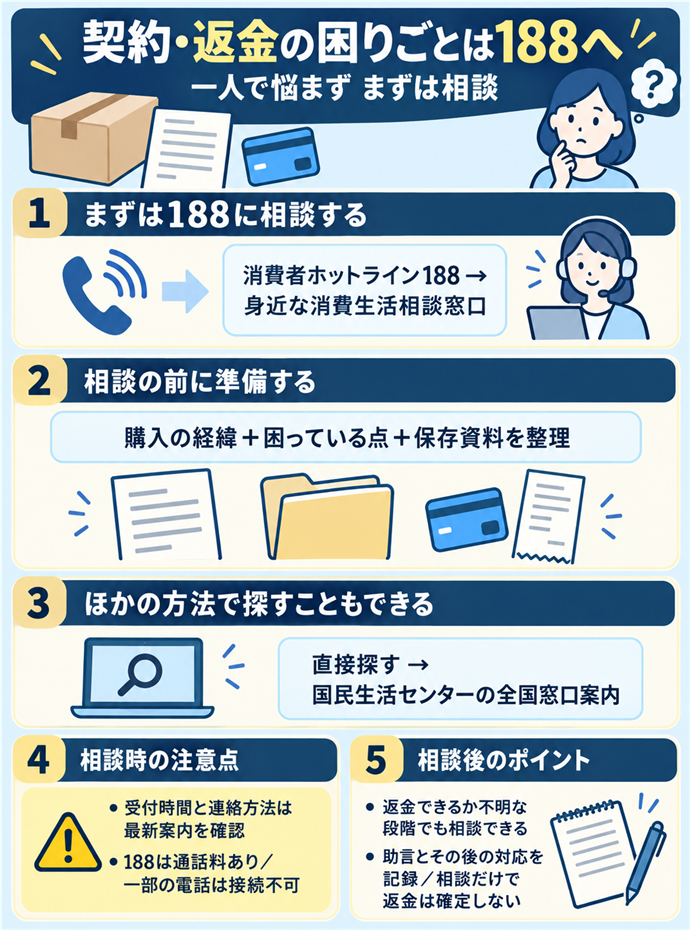契約や返金の相談は消費者ホットライン188へ。契約・返金の困りごとは188へ／消費者ホットライン188 → 身近な消費生活相談窓口／購入の経緯＋困っている点＋保存資料を整理／直接探す → 国民生活センターの全国窓口案内／受付時間と連絡方法は最新案内を確認／188は通話料あり／一部の電話は接続不可／返金できるか不明な段階でも相談できる／助言とその後の対応を記録／相談だけで返金は確定しない
