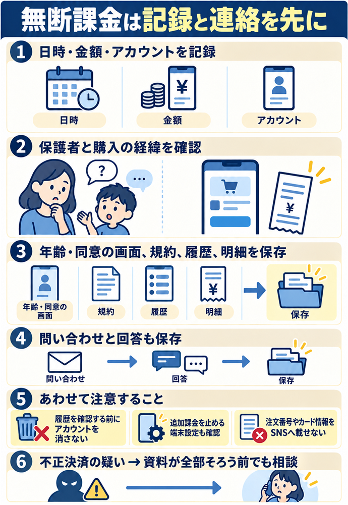 無断課金に気付いたら履歴と確認画面を保存する。無断課金は記録と連絡を先に/日時・金額・アカウントを記録/保護者と購入の経緯を確認/年齢・同意の画面、規約、履歴、明細を保存/問い合わせと回答も保存/履歴を確認する前にアカウントを消さない/追加課金を止める端末設定も確認/不正決済の疑い → 資料が全部そろう前でも相談/注文番号やカード情報をSNSへ載せない
