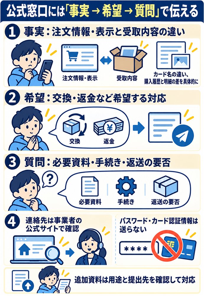事実・希望・質問を分けて公式窓口へ送る。公式窓口には「事実 → 希望 → 質問」で伝える/事実:注文情報・表示と受取内容の違い/希望:交換・返金など希望する対応/質問:必要資料・手続き・返送の要否/カード名の違い、購入履歴と明細の差を具体的に/連絡先は事業者の公式サイトで確認/パスワード・カード認証情報は送らない/追加資料は用途と提出先を確認して対応