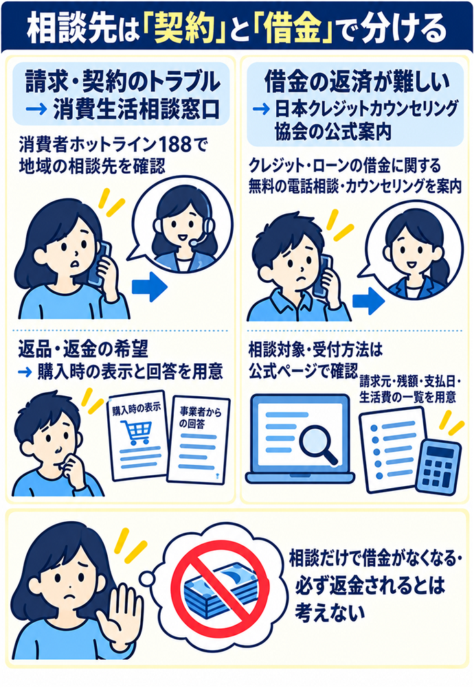 請求や契約と借金の相談先を分ける。相談先は「契約」と「借金」で分ける／請求・契約のトラブル → 消費生活相談窓口／消費者ホットライン188で地域の相談先を確認／返品・返金の希望 → 購入時の表示と回答を用意／借金の返済が難しい → 日本クレジットカウンセリング協会の公式案内／クレジット・ローンの借金に関する無料の電話相談・カウンセリングを案内／相談対象・受付方法は公式ページで確認／請求元・残額・支払日・生活費の一覧を用意／相談だけで借金がなくなる・必ず返金されるとは考えない