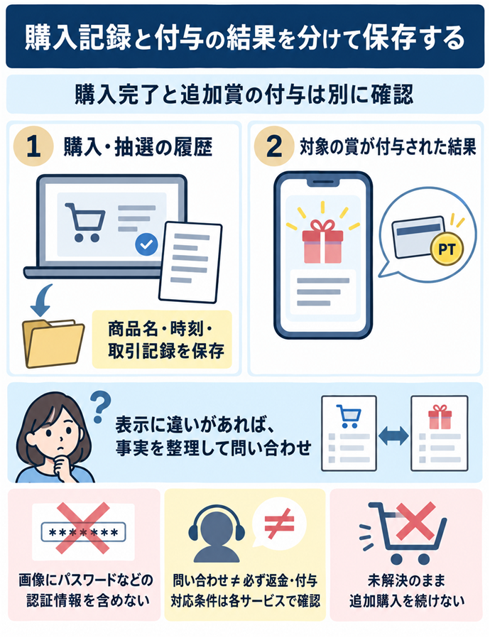 購入記録と付与の結果を分けて保存する。購入完了と追加賞の付与は別に確認／① 購入・抽選の履歴／② 対象の賞が付与された結果／商品名・時刻・取引記録を保存／表示に違いがあれば、事実を整理して問い合わせ／画像にパスワードなどの認証情報を含めない／問い合わせ ≠ 必ず返金・付与／対応条件は各サービスで確認／未解決のまま追加購入を続けない