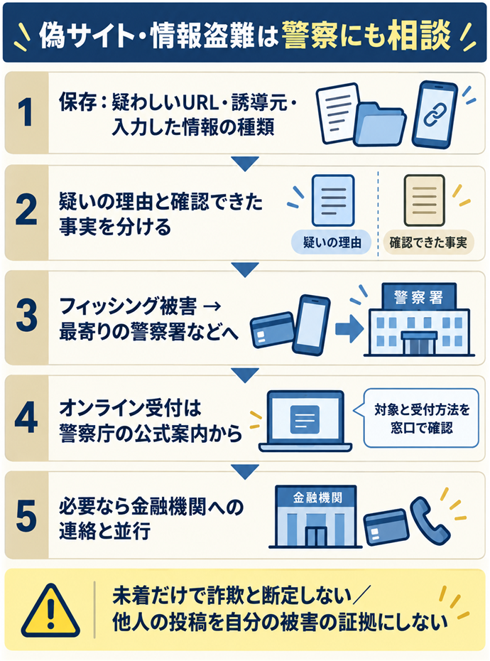 偽サイトや情報盗難の被害は警察にも相談する。偽サイト・情報盗難は警察にも相談／保存：疑わしいURL・誘導元・入力した情報の種類／フィッシング被害 → 最寄りの警察署などへ／オンライン受付は警察庁の公式案内から／対象と受付方法を窓口で確認／必要なら金融機関への連絡と並行／疑いの理由と確認できた事実を分ける／未着だけで詐欺と断定しない／他人の投稿を自分の被害の証拠にしない