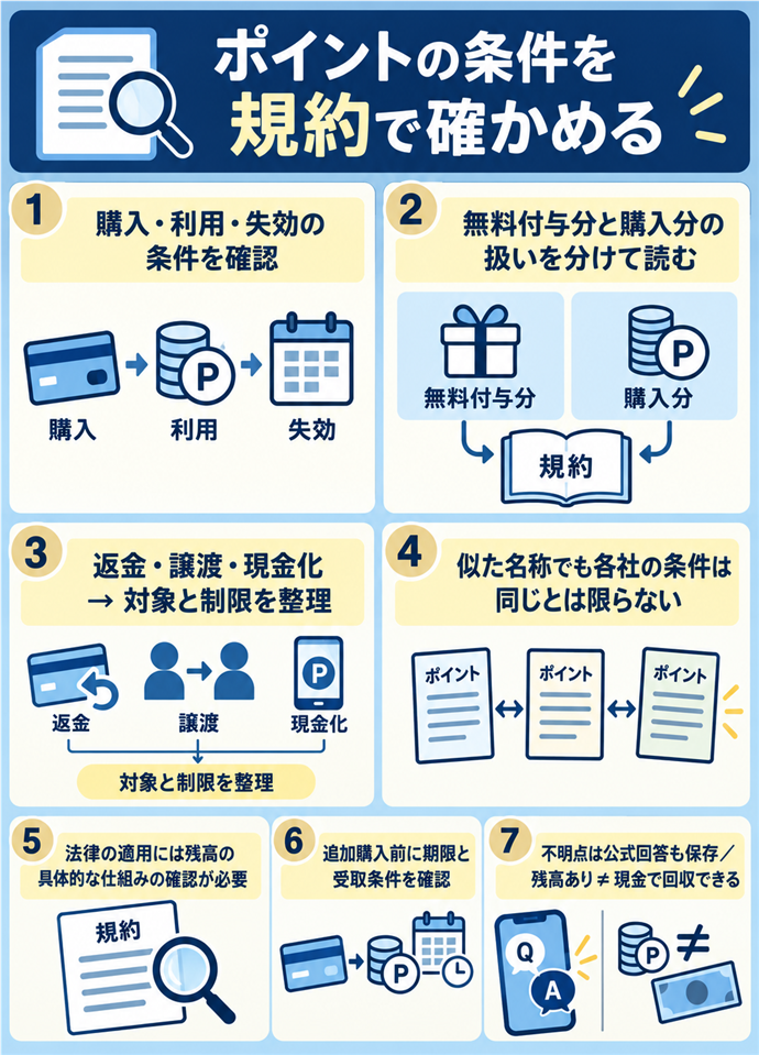 ポイントの購入と利用期限を規約で確かめる。ポイントの条件を規約で確かめる/購入・利用・失効の条件を確認/無料付与分と購入分の扱いを分けて読む/返金・譲渡・現金化 → 対象と制限を整理/似た名称でも各社の条件は同じとは限らない/法律の適用には残高の具体的な仕組みの確認が必要/追加購入前に期限と受取条件を確認/不明点は公式回答も保存/残高あり ≠ 現金で回収できる