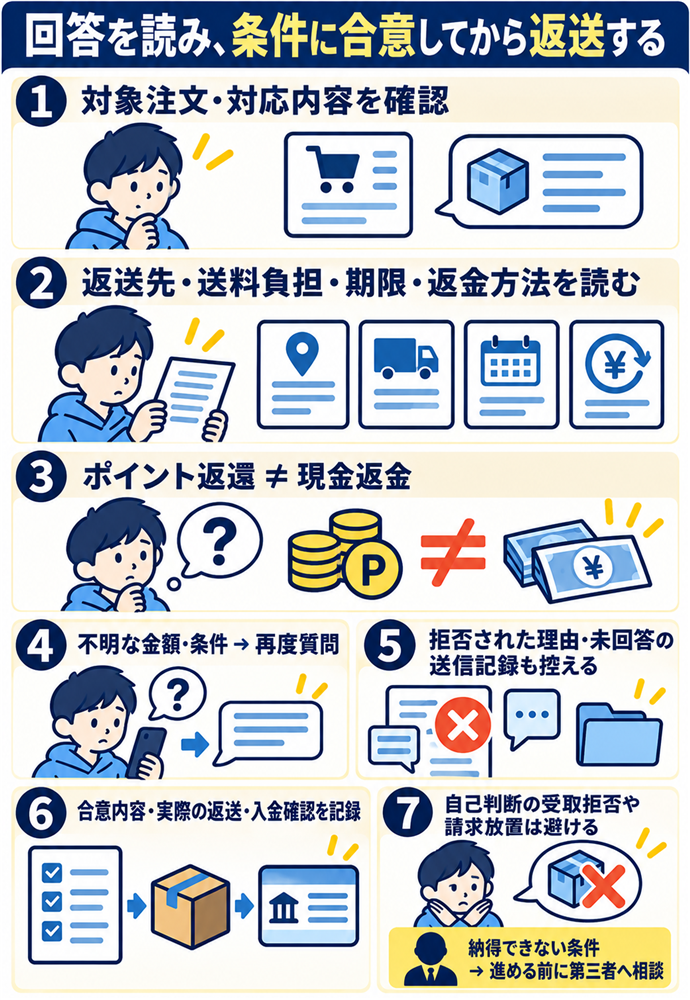 回答された条件を確認し合意前の返送を避ける。回答を読み、条件に合意してから返送する/対象注文・対応内容を確認/返送先・送料負担・期限・返金方法を読む/ポイント返還 ≠ 現金返金/不明な金額・条件 → 再度質問/拒否された理由・未回答の送信記録も控える/合意内容・実際の返送・入金確認を記録/自己判断の受取拒否や請求放置は避ける/納得できない条件 → 進める前に第三者へ相談