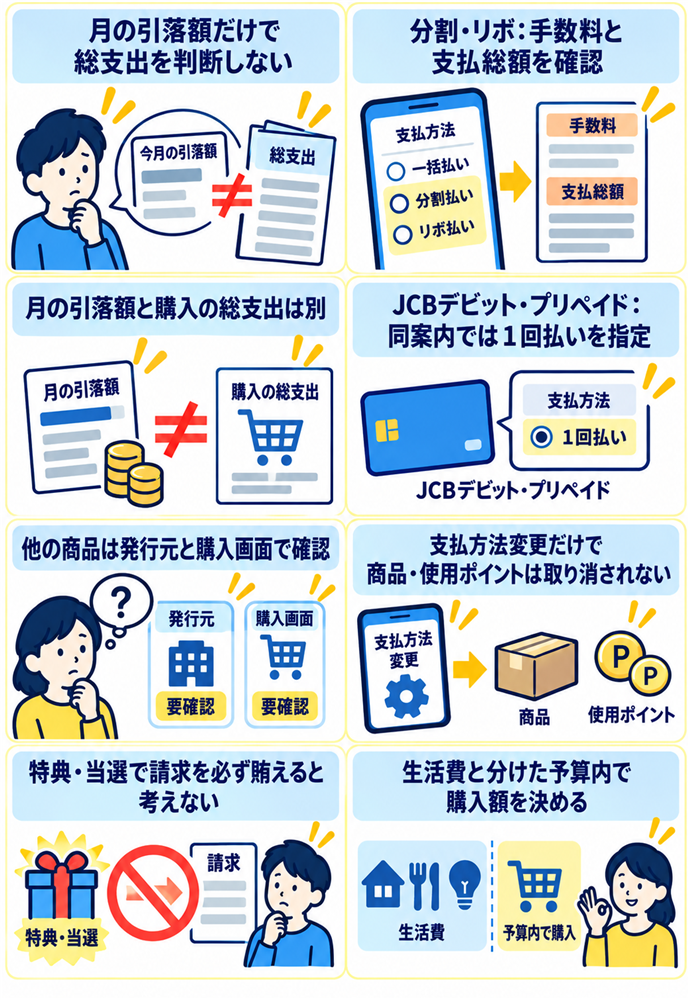 分割やリボの条件と購入予算を別に確認する。月の引落額だけで総支出を判断しない/分割・リボ:手数料と支払総額を確認/月の引落額と購入の総支出は別/JCBデビット・プリペイド:同案内では1回払いを指定/他の商品は発行元と購入画面で確認/支払方法変更だけで商品・使用ポイントは取り消されない/特典・当選で請求を必ず賄えると考えない/生活費と分けた予算内で購入額を決める