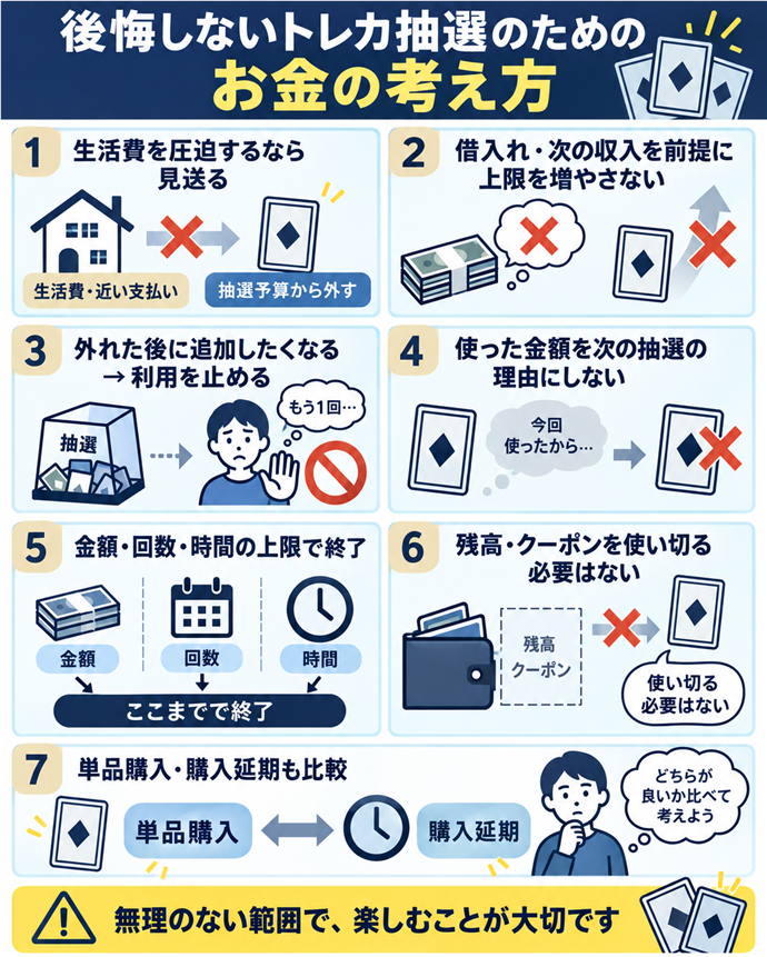 生活費を圧迫するなら見送る。生活費を圧迫するなら見送る／生活費・近い支払い／抽選予算から外す／借入れ・次の収入を前提に上限を増やさない／外れた後に追加したくなる → 利用を止める／使った金額を次の抽選の理由にしない／金額・回数・時間の上限で終了／残高・クーポンを使い切る必要はない／単品購入・購入延期も比較。現行N021本文の仕組みを図解。