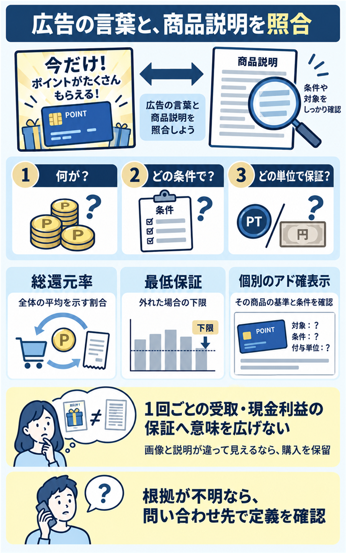 広告の表現と保証の説明を照合する。広告の言葉と、商品説明を照合／何が？／どの条件で？／どの単位で保証？／総還元率／全体の平均を示す割合／最低保証／外れた場合の下限／個別のアド確表示／その商品の基準と条件を確認／1回ごとの受取・現金利益の保証へ意味を広げない／画像と説明が違って見えるなら、購入を保留／根拠が不明なら、問い合わせ先で定義を確認。現行N025本文の仕組みを図解。