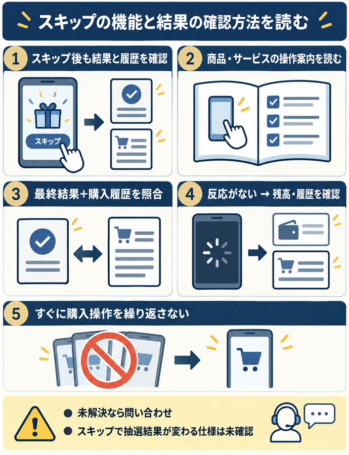 スキップの機能と結果の確認方法を読む。スキップ後も結果と履歴を確認／商品・サービスの操作案内を読む／最終結果＋購入履歴を照合／反応がない → 残高・履歴を確認／すぐに購入操作を繰り返さない／未解決なら問い合わせ／スキップで抽選結果が変わる仕様は未確認