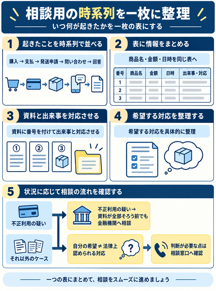 いつ何が起きたかを一枚の表にする。相談用の時系列を一枚に整理／購入 → 支払 → 発送申請 → 問い合わせ → 回答／商品名・金額・日時を同じ表へ／資料に番号を付けて出来事と対応させる／不正利用の疑い → 資料が全部そろう前でも金融機関へ相談／希望する対応を具体的に整理／自分の希望 ≠ 法律上認められる対応／判断が必要な点は相談窓口へ確認