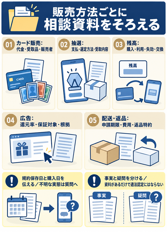 販売方法ごとに質問と資料をそろえる。販売方法ごとに相談資料をそろえる/カード販売:代金・受取品・販売者/抽選:支払・選定方法・受取内容/残高:購入・利用・失効・交換/広告:還元率・保証対象・根拠/配送・返品:申請期限・費用・返品特約/規約保存日と購入日を伝える/不明な実態は質問へ/事実と疑問を分ける/資料があるだけで適法認定にはならない