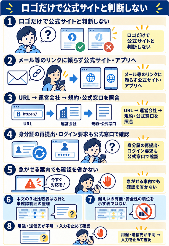 ロゴよりURLと運営情報を照合する。ロゴだけで公式サイトと判断しない/メール等のリンクに頼らず公式サイト・アプリへ/URL → 運営会社 → 規約・公式窓口を照合/身分証の再提出・ログイン要求も公式窓口で確認/急がせる案内でも確認を省かない/本文の3社比較表は方針と未確認範囲の整理/漏えいの有無・安全性の順位を示す表ではない/用途・送信先が不明 → 入力を止めて確認