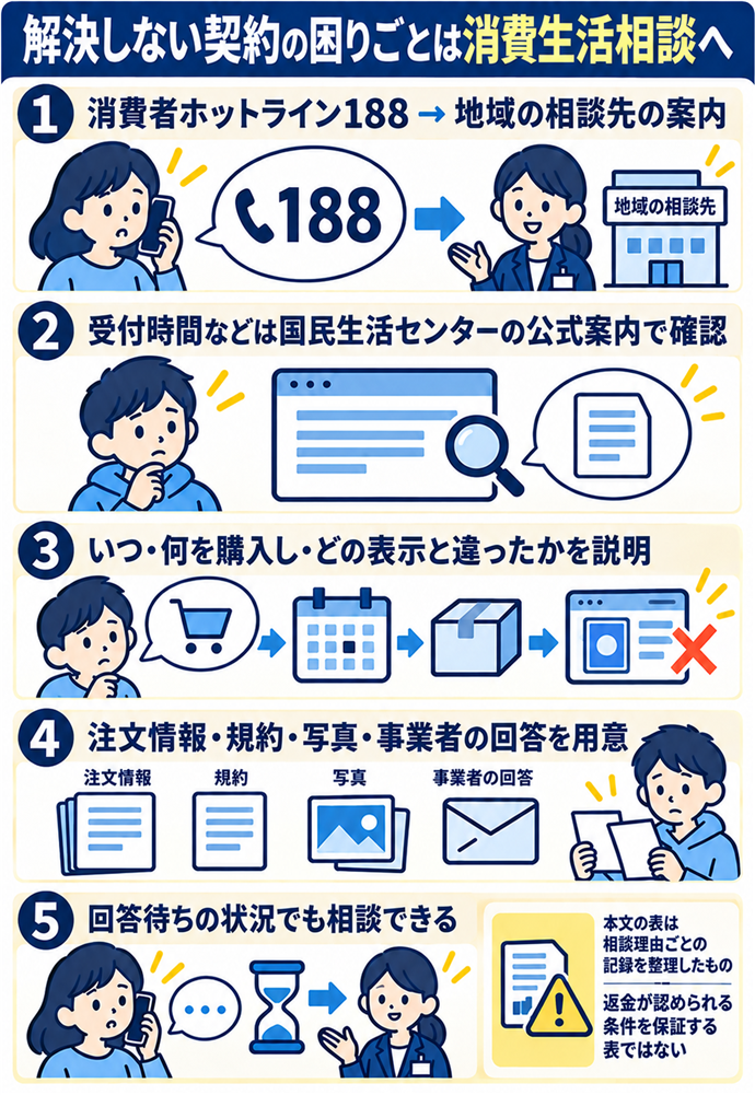 契約の困りごとは消費生活相談へつなぐ。解決しない契約の困りごとは消費生活相談へ/消費者ホットライン188 → 地域の相談先の案内/受付時間などは国民生活センターの公式案内で確認/いつ・何を購入し・どの表示と違ったかを説明/注文情報・規約・写真・事業者の回答を用意/回答待ちの状況でも相談できる/本文の表は相談理由ごとの記録を整理したもの/返金が認められる条件を保証する表ではない