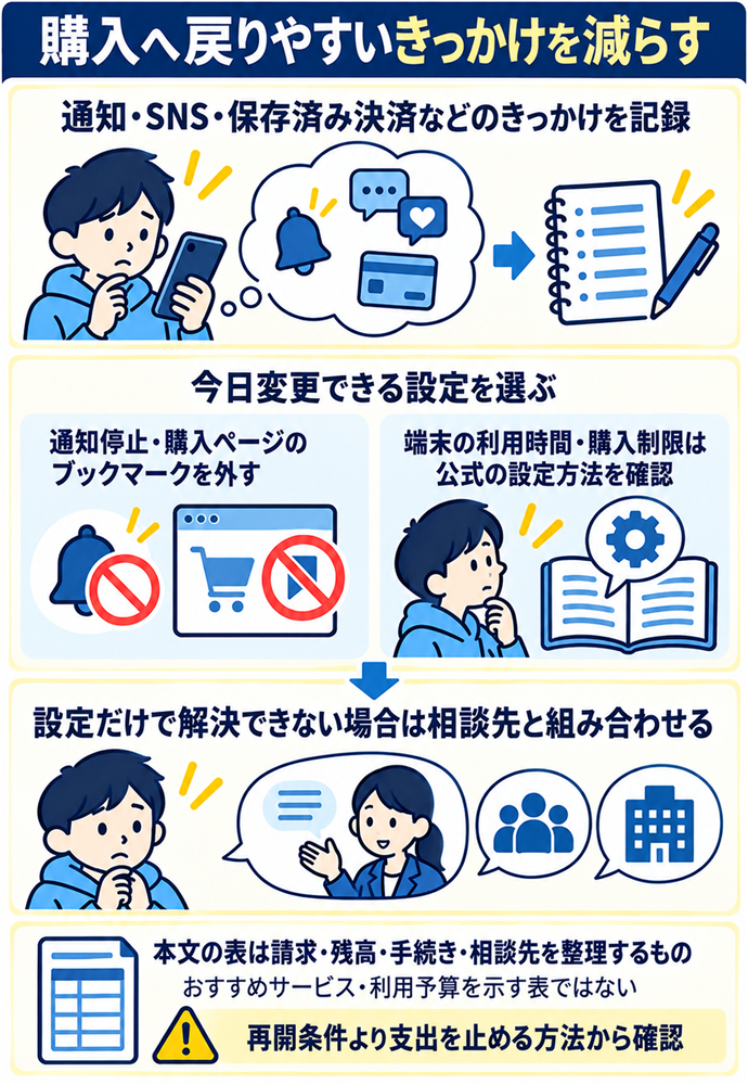 購入しやすい場面を減らす設定を選ぶ。購入へ戻りやすいきっかけを減らす／通知・SNS・保存済み決済などのきっかけを記録／今日変更できる設定を選ぶ／通知停止・購入ページのブックマークを外す／端末の利用時間・購入制限は公式の設定方法を確認／設定だけで解決できない場合は相談先と組み合わせる／本文の表は請求・残高・手続き・相談先を整理するもの／おすすめサービス・利用予算を示す表ではない／再開条件より支出を止める方法から確認