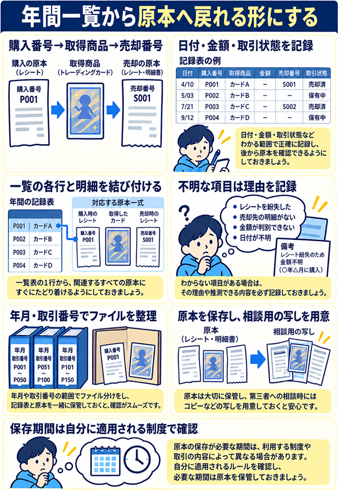 年間の記録表と証明できる原本を結び付ける。年間一覧から原本へ戻れる形にする/購入番号→取得商品→売却番号/日付・金額・取引状態を記録/一覧の各行と明細を結び付ける/不明な項目は理由を記録/年月・取引番号でファイルを整理/原本を保存し、相談用の写しを用意/保存期間は自分に適用される制度で確認