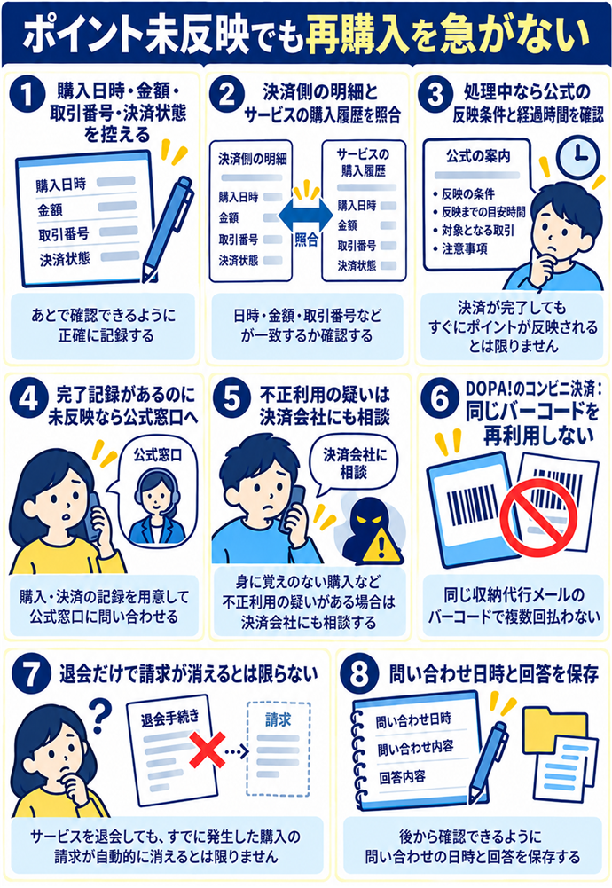 反映されない場合は再購入せず記録を照合する。ポイント未反映でも再購入を急がない／購入日時・金額・取引番号・決済状態を控える／決済側の明細とサービスの購入履歴を照合／処理中なら公式の反映条件と経過時間を確認／完了記録があるのに未反映なら公式窓口へ／不正利用の疑いは決済会社にも相談／同じバーコードを再利用しない／退会だけで請求が消えるとは限らない／問い合わせ日時と回答を保存