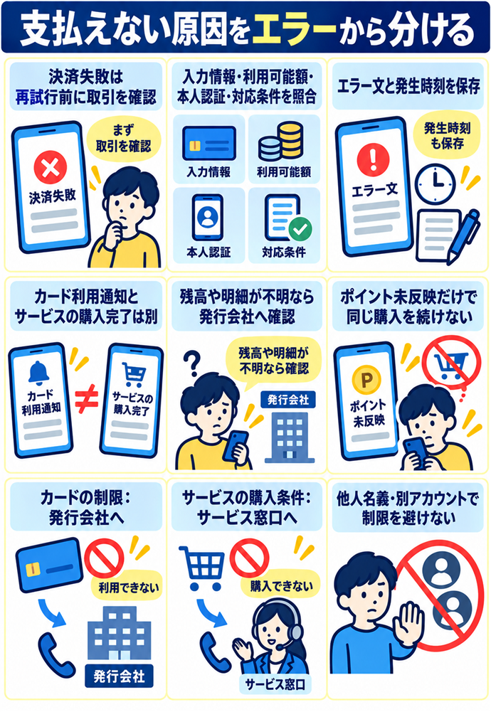 決済失敗では再試行の前に取引状態を調べる。決済失敗は再試行前に取引を確認/入力情報・利用可能額・本人認証・対応条件を照合/エラー文と発生時刻を保存/カード利用通知とサービスの購入完了は別/残高や明細が不明なら発行会社へ確認/ポイント未反映だけで同じ購入を続けない/カードの制限:発行会社へ/サービスの購入条件:サービス窓口へ/他人名義・別アカウントで制限を避けない