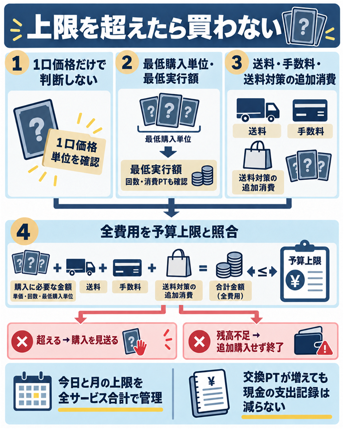 上限を超えたら買わない。上限を超えたら買わない／１口価格だけで判断しない／最低購入単位・最低実行額／送料・手数料・送料対策の追加消費／全費用を予算上限と照合／超える → 購入を見送る／残高不足 → 追加購入せず終了／今日と月の上限を全サービス合計で管理／交換PTが増えても現金の支出記録は減らない。現行N020本文の仕組みを図解。