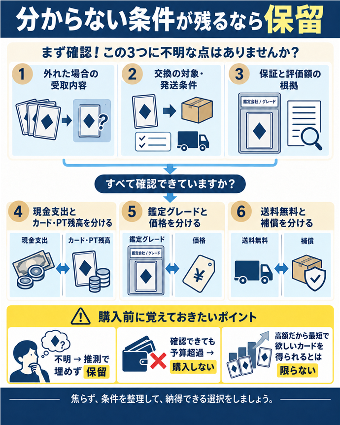 分からない条件が残るなら保留。分からない条件が残るなら保留／外れた場合の受取内容／交換の対象・発送条件／保証と評価額の根拠／現金支出とカード・PT残高を分ける／鑑定グレードと価格を分ける／送料無料と補償を分ける／不明 → 推測で埋めず保留／確認できても予算超過 → 購入しない／高額だから最短で欲しいカードを得られるとは限らない。現行N021本文の仕組みを図解。