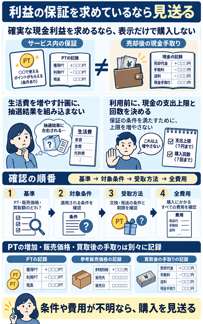 利益の保証を求めているなら見送る。確実な現金利益を求めるなら、表示だけで購入しない／サービス内の保証 ≠ 売却後の現金手取り／生活費を増やす計画に、抽選結果を組み込まない／利用前に、現金の支出上限と回数を決める／保証の条件を満たすために、上限を増やさない／確認の順番／基準 → 対象条件 → 受取方法 → 全費用／PTの増加・販売価格・買取後の手取りは別々に記録／条件や費用が不明なら、購入を見送る。現行N025本文の仕組みを図解。