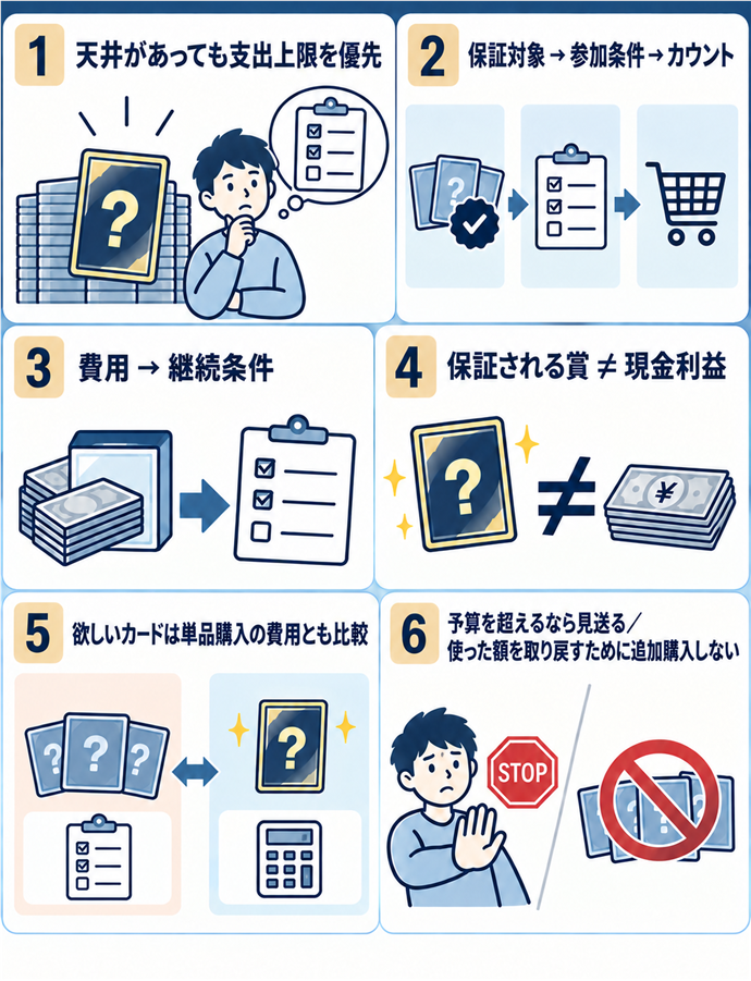 天井があっても支出上限を優先する。天井があっても支出上限を優先／保証対象 → 参加条件 → カウント／費用 → 継続条件／保証される賞 ≠ 現金利益／欲しいカードは単品購入の費用とも比較／予算を超えるなら見送る／使った額を取り戻すために追加購入しない