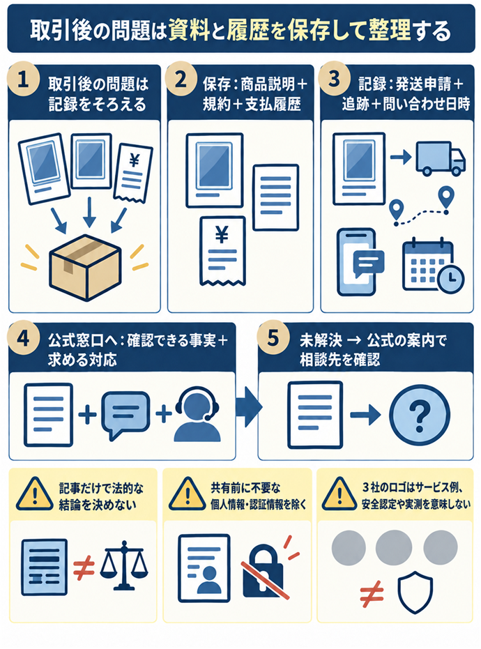 取引後の問題は資料と履歴を保存して整理する。取引後の問題は記録をそろえる／保存：商品説明＋規約＋支払履歴／記録：発送申請＋追跡＋問い合わせ日時／公式窓口へ：確認できる事実＋求める対応／未解決 → 公式の案内で相談先を確認／記事だけで法的な結論を決めない／共有前に不要な個人情報・認証情報を除く／３社のロゴはサービス例、安全認定や実測を意味しない