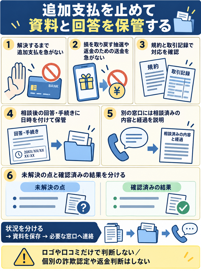 追加支払を止めて資料と回答を保管する。解決するまで追加支払を急がない／損を取り戻す抽選や返金のための送金を急がない／規約と取引記録で対応を確認／相談後の回答・手続きに日時を付けて保管／別の窓口には相談済みの内容と経過を説明／未解決の点と確認済みの結果を分ける／状況を分ける → 資料を保存 → 必要な窓口へ連絡／ロゴや口コミだけで判断しない／個別の詐欺認定や返金判断はしない