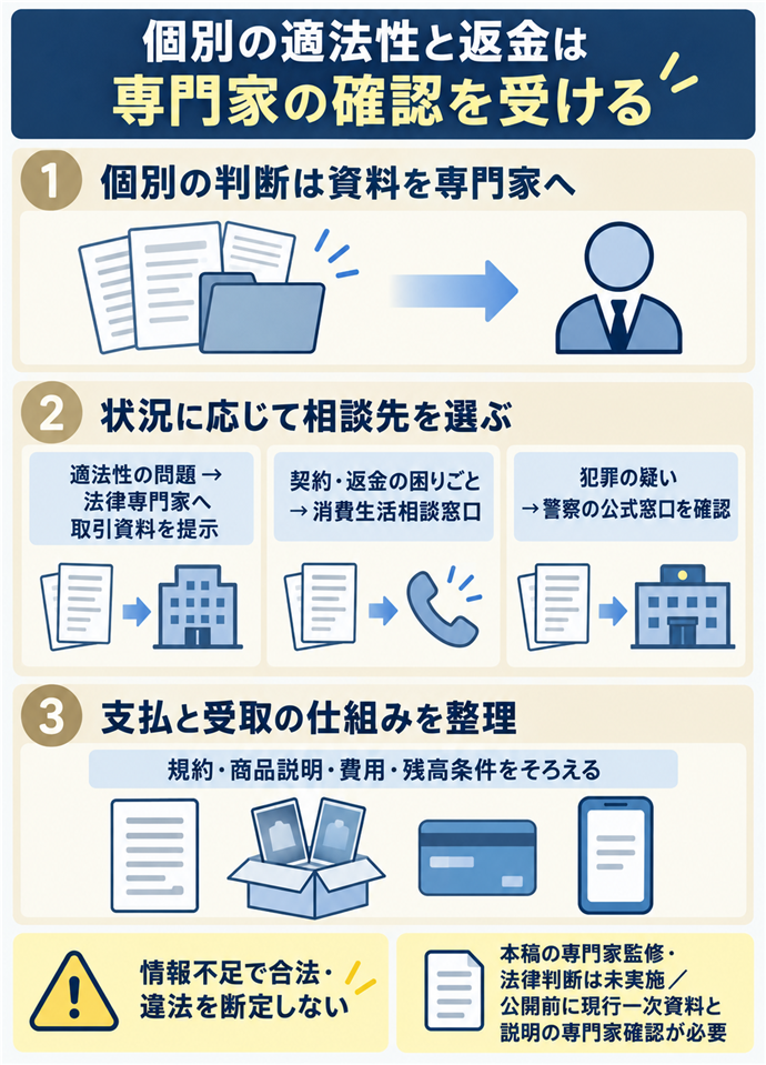 個別の適法性と返金は専門家の確認を受ける。個別の判断は資料を専門家へ/適法性の問題 → 法律専門家へ取引資料を提示/契約・返金の困りごと → 消費生活相談窓口/犯罪の疑い → 警察の公式窓口を確認/支払と受取の仕組みを整理/規約・商品説明・費用・残高条件をそろえる/情報不足で合法・違法を断定しない/本稿の専門家監修・法律判断は未実施/公開前に現行一次資料と説明の専門家確認が必要