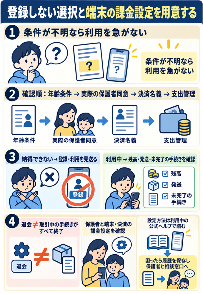 登録しない選択と端末の課金設定を用意する。条件が不明なら利用を急がない/確認順:年齢条件 → 実際の保護者同意 → 決済名義 → 支出管理/納得できない → 登録・利用を見送る/利用中 → 残高・発送・未完了の手続きを確認/退会 ≠ 取引中の手続きがすべて終了/保護者と端末・決済の課金設定を確認/設定方法は利用中の公式ヘルプで読む/困ったら履歴を保存し保護者と相談窓口へ