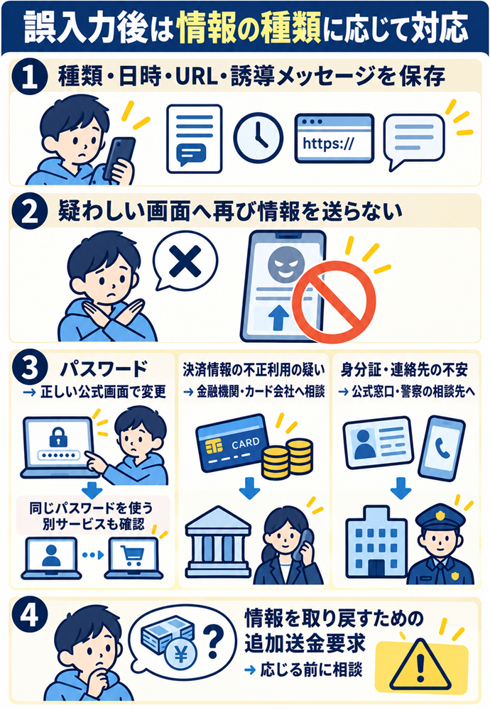 誤って入力したら情報の種類に応じて連絡する。誤入力後は情報の種類に応じて対応/種類・日時・URL・誘導メッセージを保存/疑わしい画面へ再び情報を送らない/パスワード → 正しい公式画面で変更/同じパスワードを使う別サービスも確認/決済情報の不正利用の疑い → 金融機関・カード会社へ相談/身分証・連絡先の不安 → 公式窓口・警察の相談先へ/情報を取り戻すための追加送金要求 → 応じる前に相談