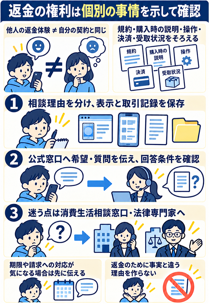 法律上の判断は個別の事情を専門家へ示す。返金の権利は個別の事情を示して確認/他人の返金体験 ≠ 自分の契約と同じ/規約・購入時の説明・操作・決済・受取状況をそろえる/期限や請求への対応が気になる場合は先に伝える/返金のために事実と違う理由を作らない/① 相談理由を分け、表示と取引記録を保存/② 公式窓口へ希望・質問を伝え、回答条件を確認/③ 迷う点は消費生活相談窓口・法律専門家へ