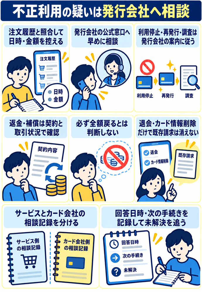 不正利用の疑いはカード会社へ早めに相談する。不正利用の疑いは発行会社へ相談/注文履歴と照合して日時・金額を控える/発行会社の公式窓口へ早めに相談/利用停止・再発行・調査は発行会社の案内に従う/返金・補償は契約と取引状況で確認/必ず全額戻るとは判断しない/退会・カード情報削除だけで既存請求は消えない/サービスとカード会社の相談記録を分ける/回答日時・次の手続きを記録して未解決を追う